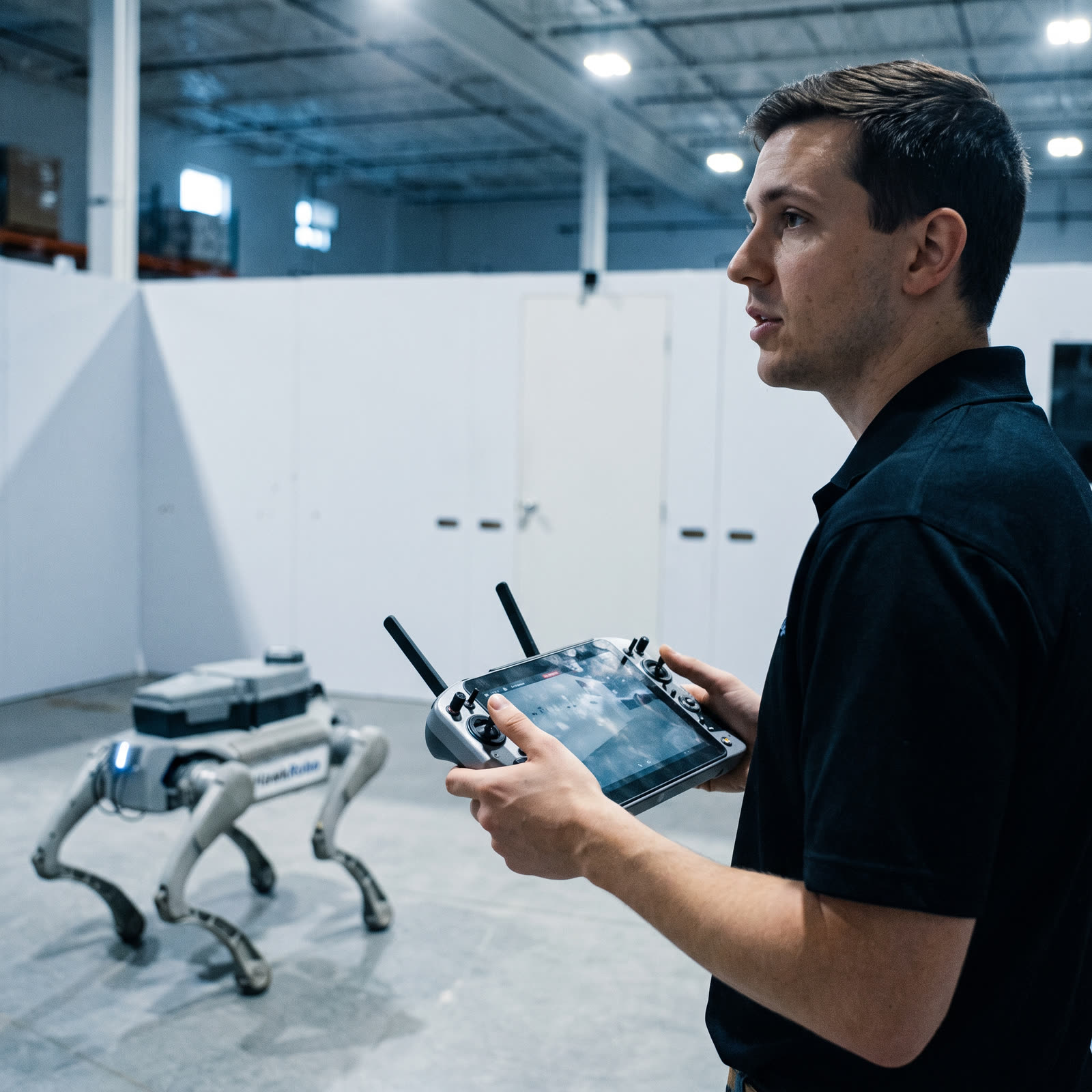An operator holding the handheld controller beside the quadruped robot in a test area