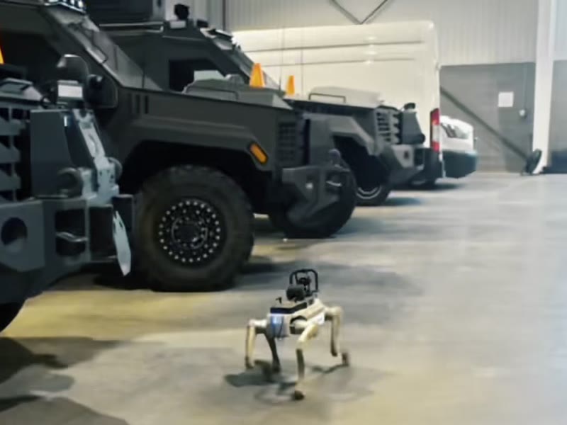 The robot beside the agency’s armored vehicles in their vehicle bay